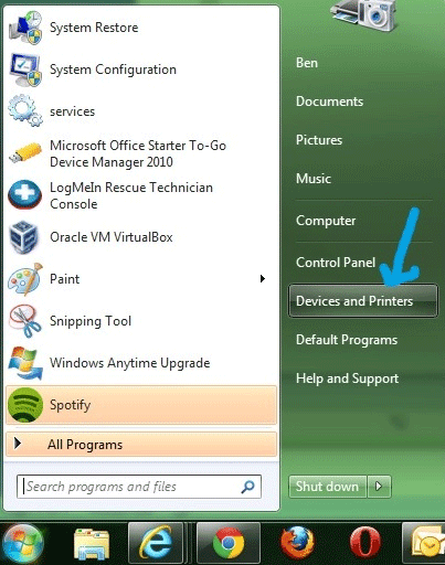 Windows 7 Start, Devices and Printers